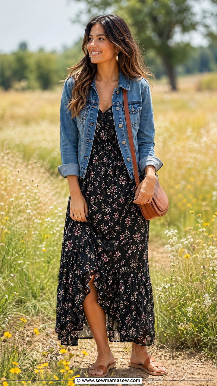 Black floral maxi dress with denim jacket spring outfit - 35 spring black outfit ideas
