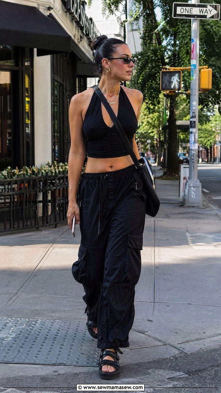 Black halter top and cargo pants spring all black outfit - 35 spring all black outfit ideas