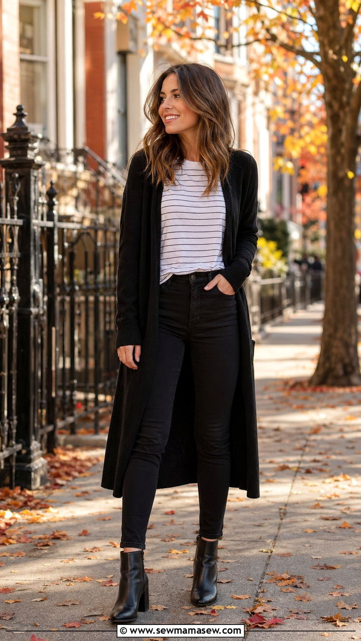 Black jeans with cardigan and boots - 30 Black jeans outfit ideas with boots
