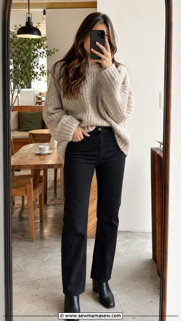 Black jeans with oversized sweater and boots - 30 Black jeans outfit ideas with boots