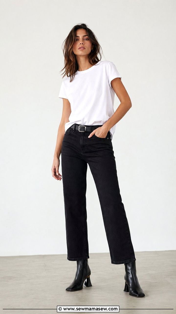 Black jeans with white tee and boots - 30 Black jeans outfit ideas with boots
