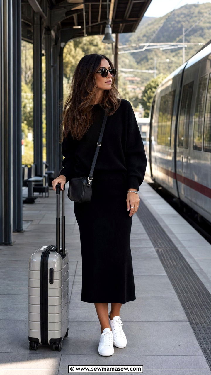 Black knit co ord set with white sneakers travel look - 30 Black outfit ideas for travel