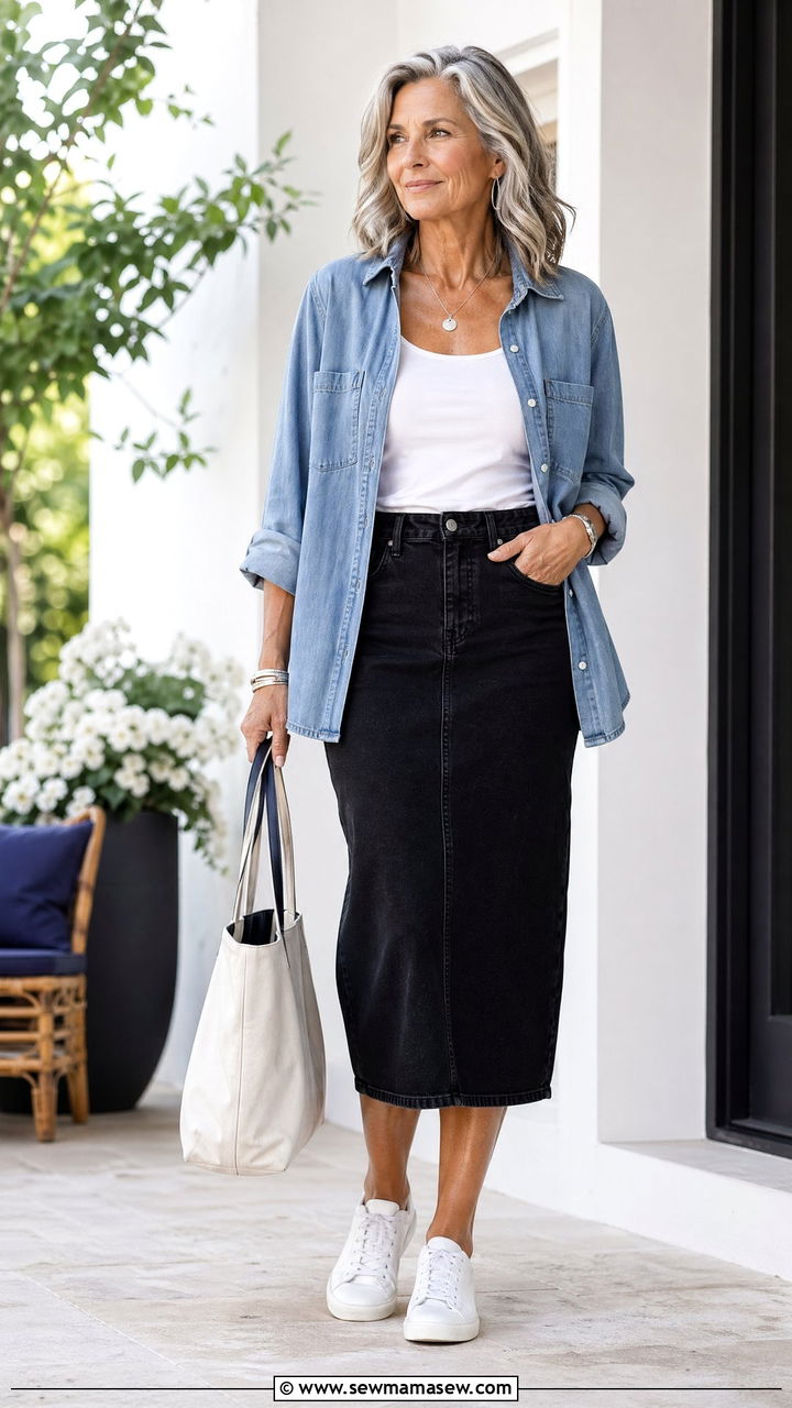 Black knit denim skirt with denim shirt - 35 Skirt outfit ideas for women over 50