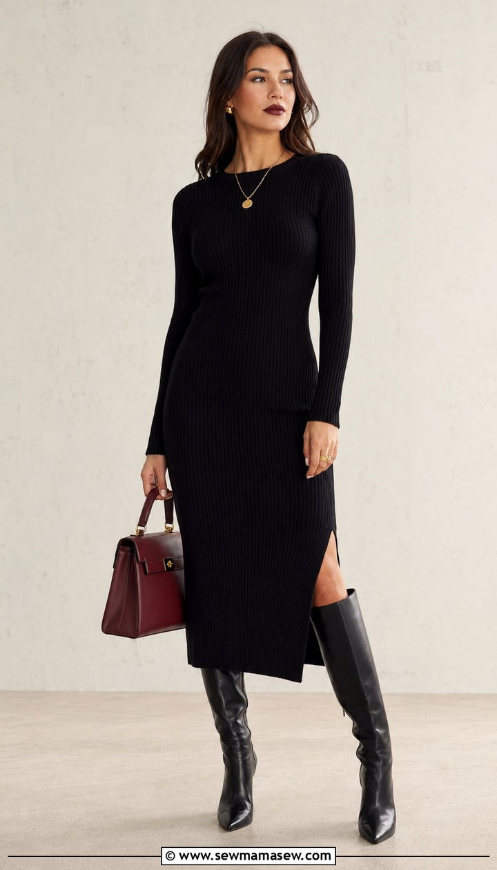Black knit dress and burgundy handbag outfit - 30 Black and burgundy outfit ideas