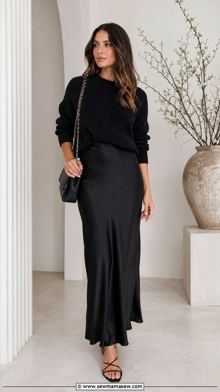 Black knit sweater and satin skirt spring all black outfit - 35 spring all black outfit ideas