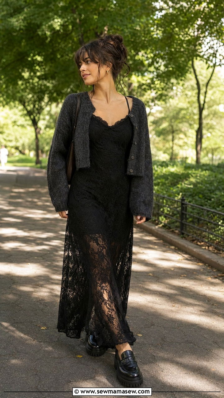 Black lace maxi dress with a cropped cardigan - 30 Whimsigoth outfit ideas