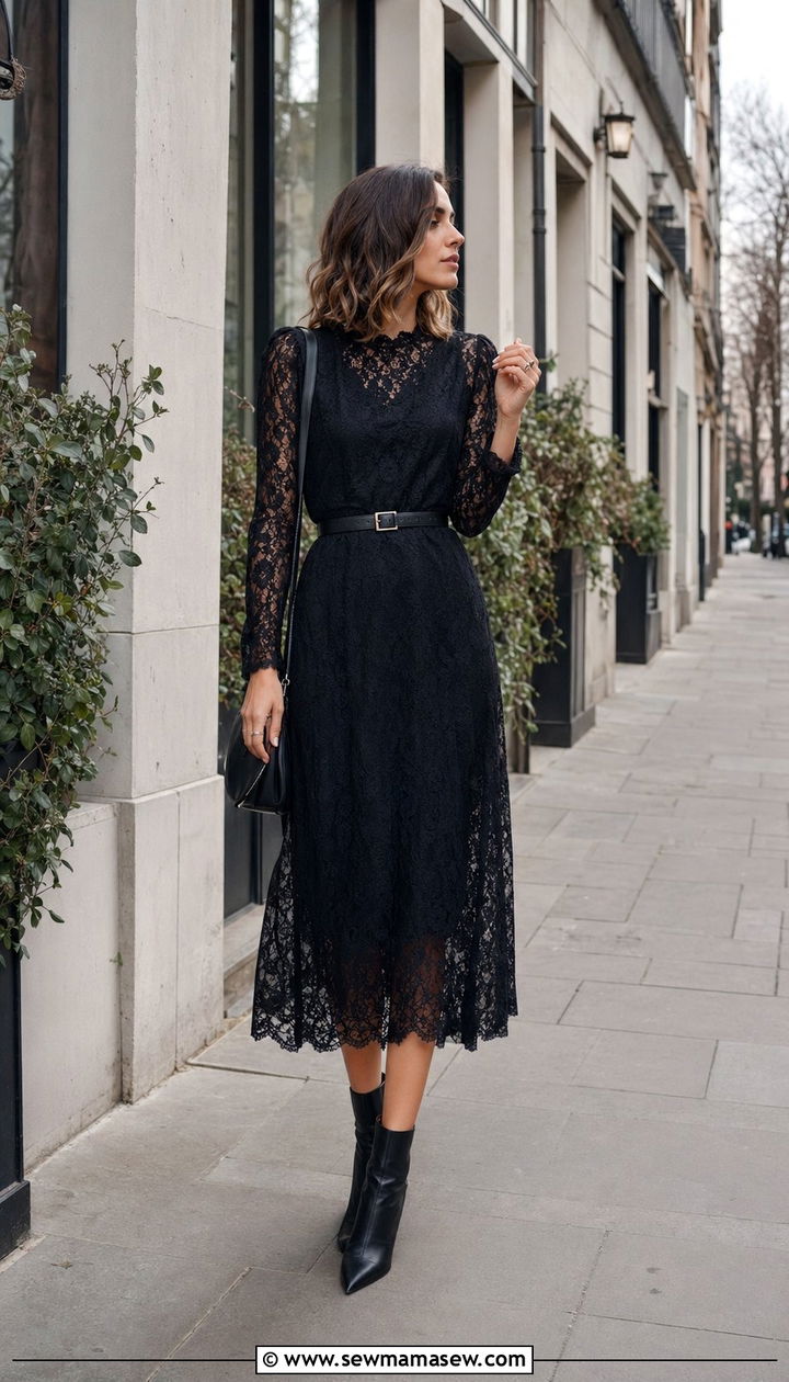 Black lace midi dress and ankle boots - 35 Moody spring outfit ideas