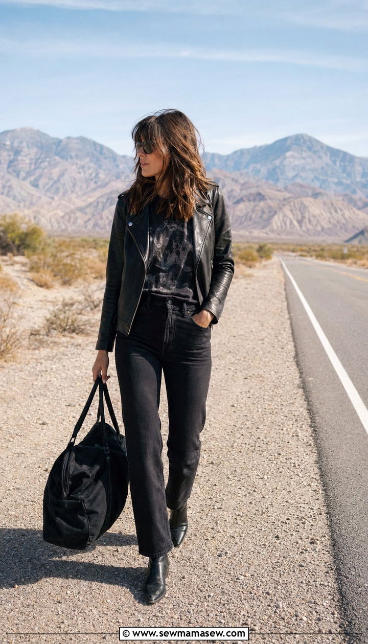Black leather jacket and straight leg jeans road trip outfit - 30 Black outfit ideas for travel