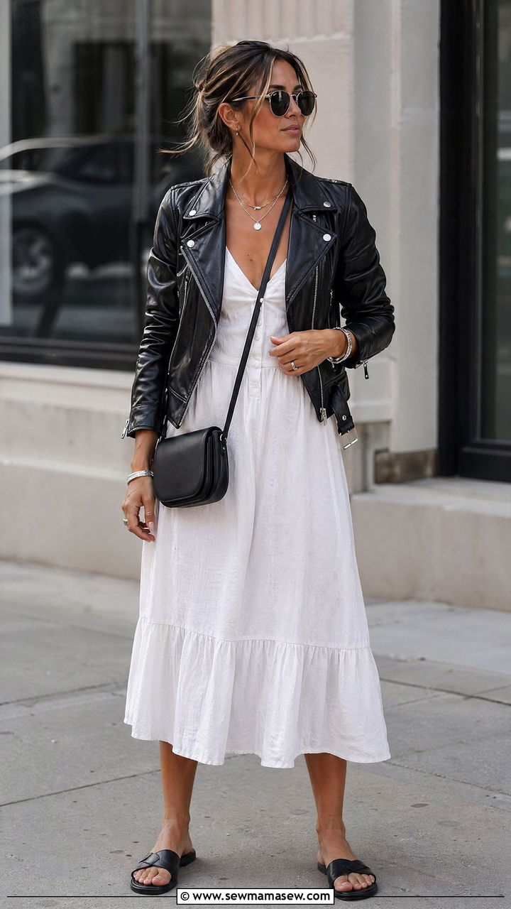 Black leather jacket with a white dress - 35 chic outfit ideas for women
