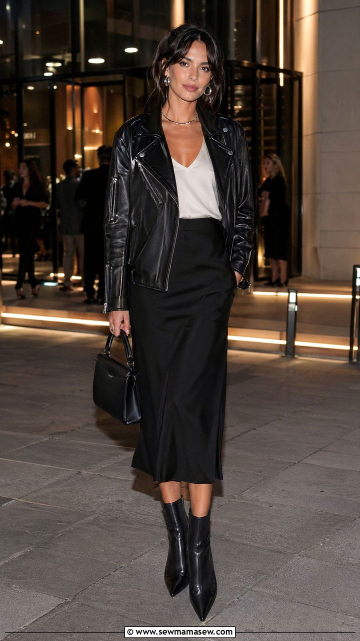 Black leather moto jacket with a midi skirt and ankle boots - 35 Consultant outfit ideas