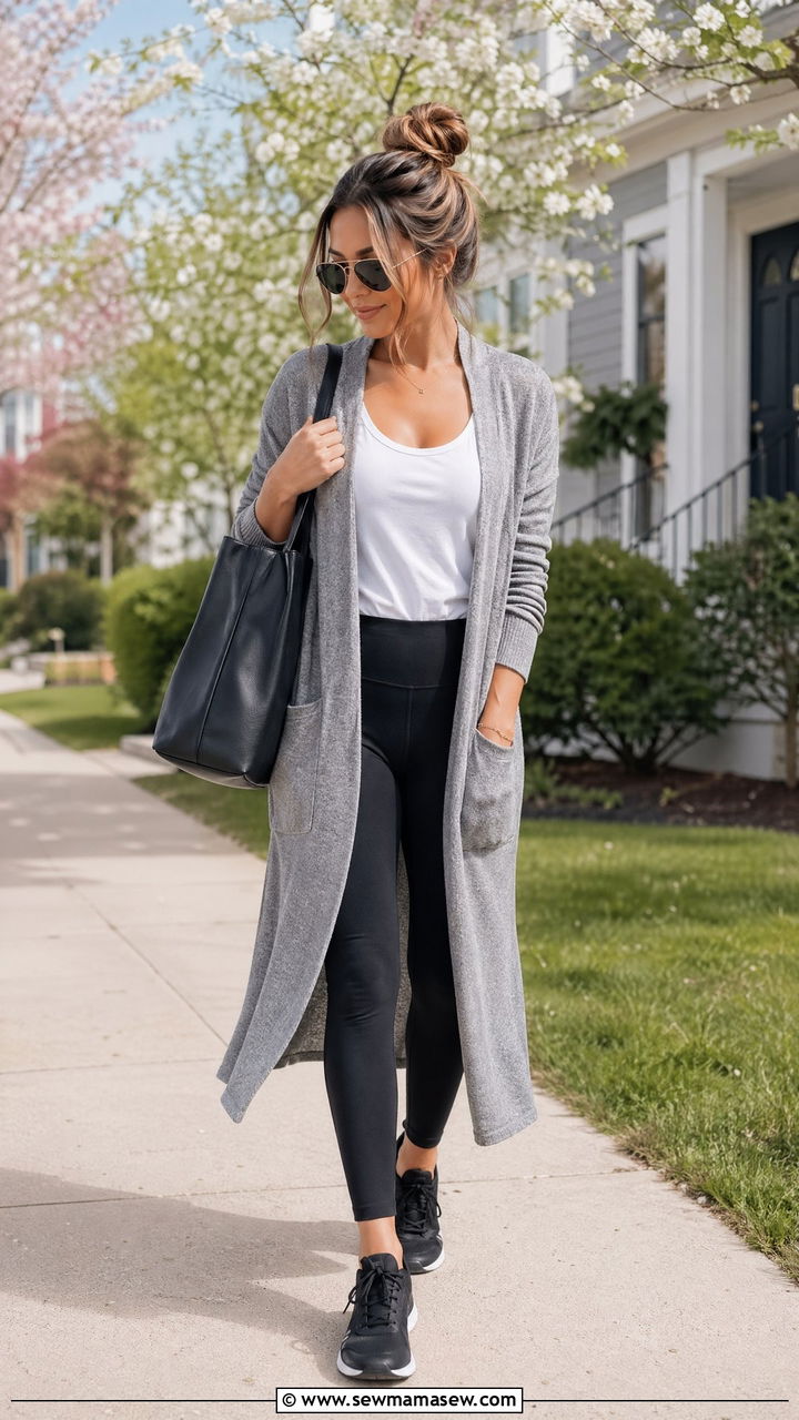 Black leggings and long cardigan - 35 Spring outfits for working moms