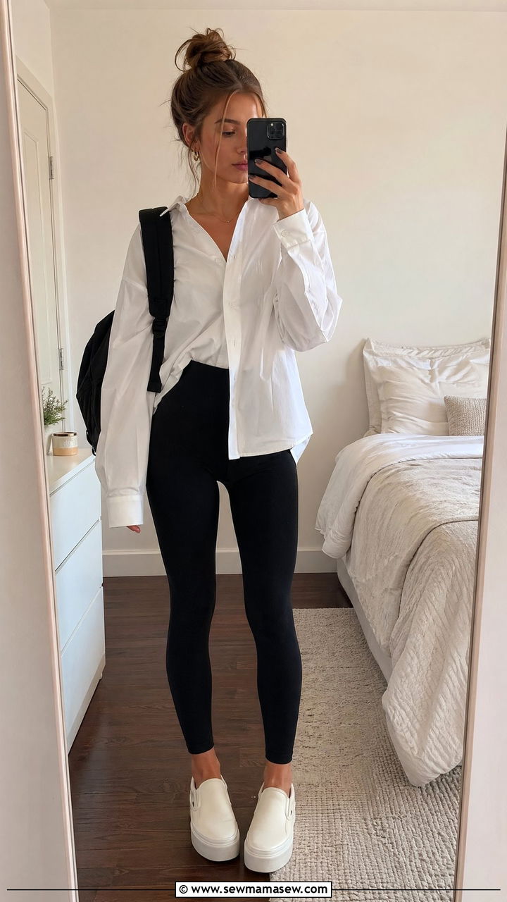 Black leggings with an oversized button down shirt - 35 casual school outfits