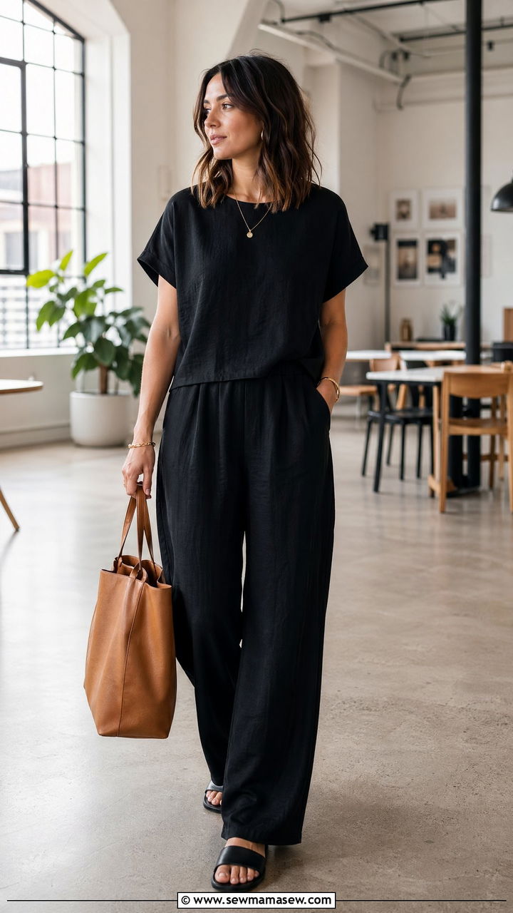 Black linen matching set with flat sandals and a shopper bag - 35 Summer business casual outfits for women
