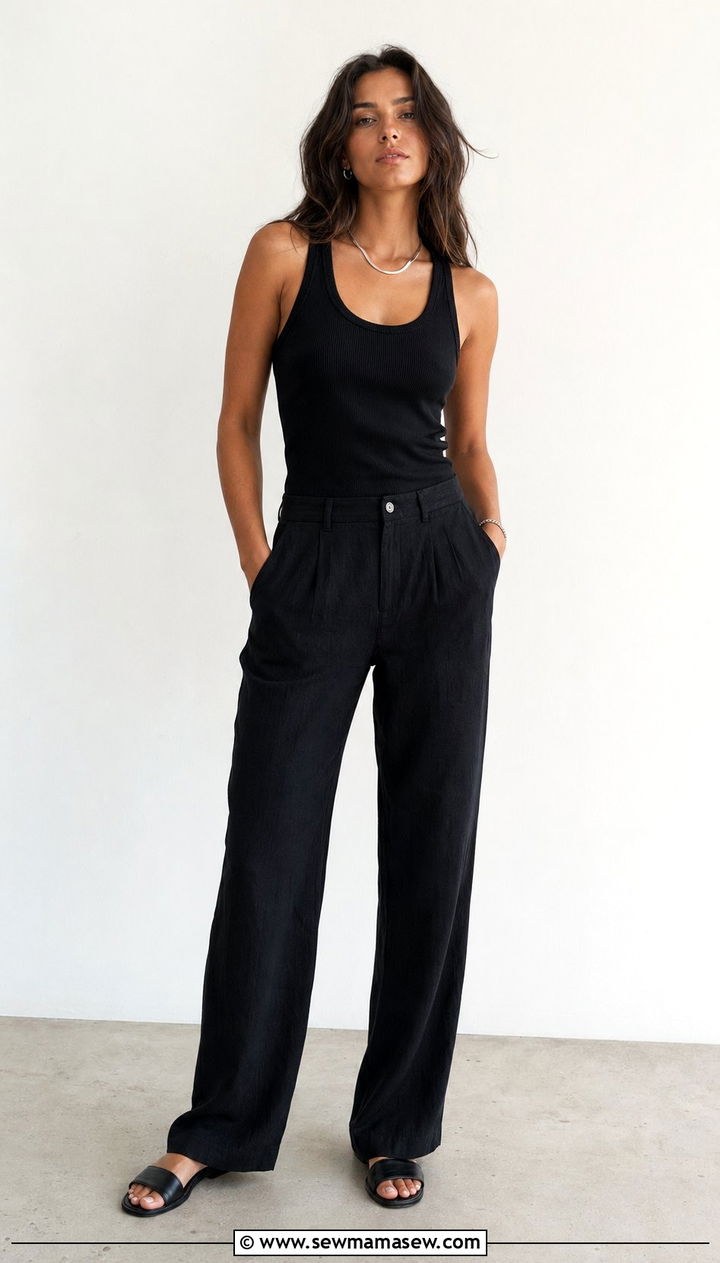 Black linen pants monochrome all black - 30 Black linen pants outfit ideas