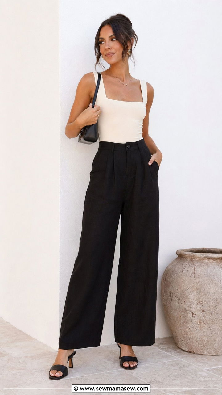 Black linen pants with bodysuit - 30 Black linen pants outfit ideas