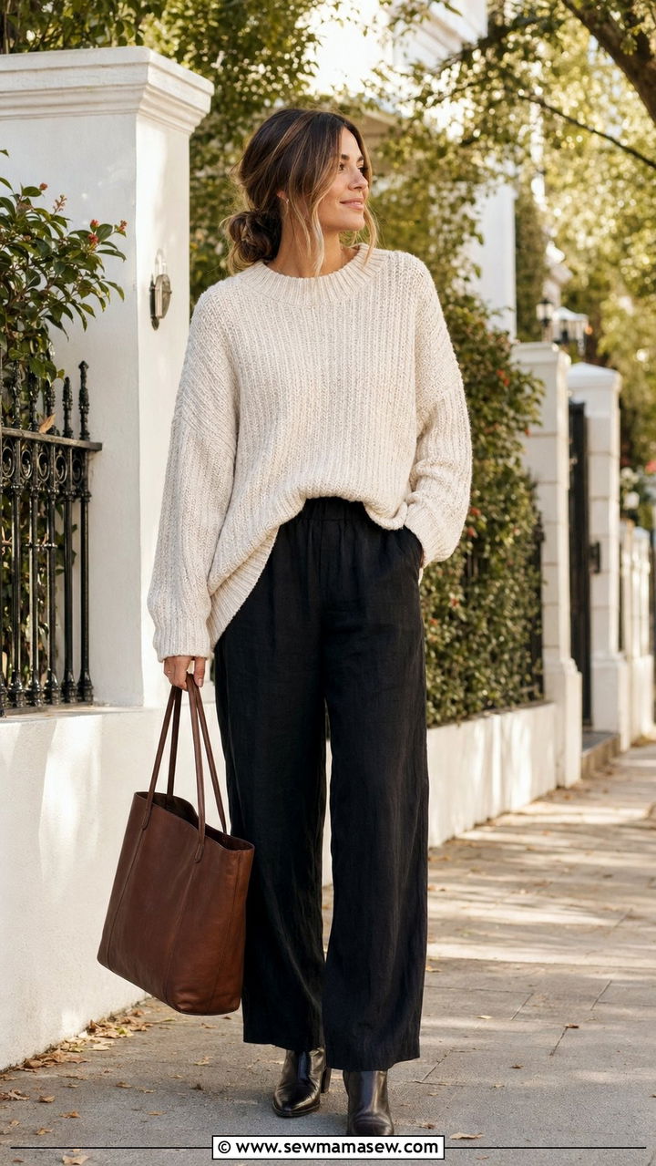 Black linen pants with chunky knit sweater - 30 Black linen pants outfit ideas