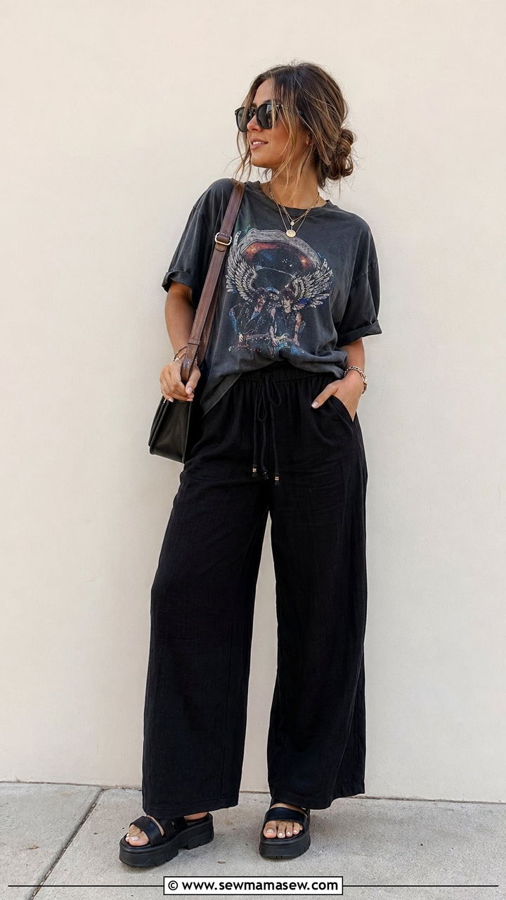 Black linen pants with graphic tee - 30 Black linen pants outfit ideas