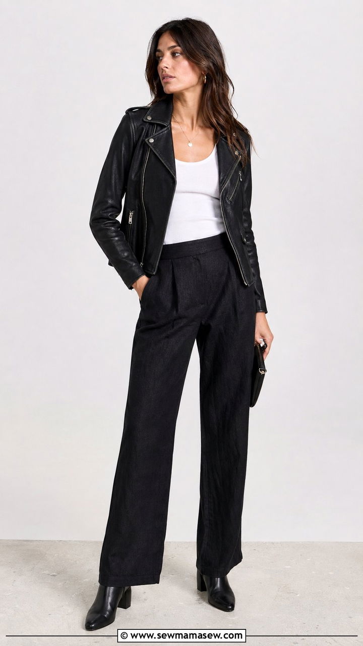 Black linen pants with leather jacket - 30 Black linen pants outfit ideas
