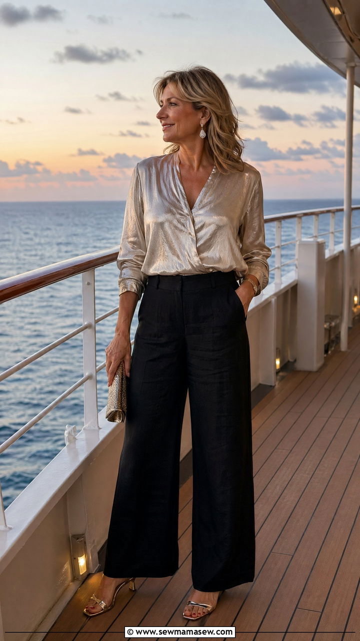 Black linen pants with metallic top cruise evening outfit - 35 Travel outfit ideas for women over 40
