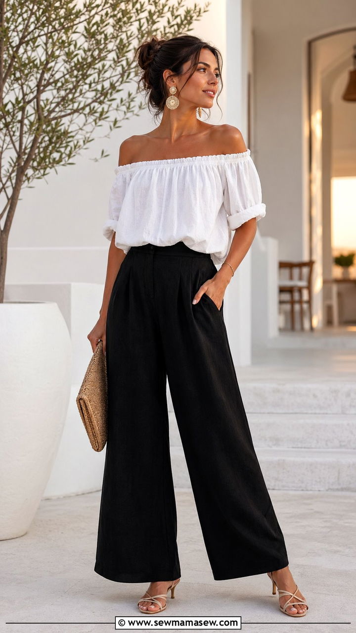 Black linen pants with off the shoulder top - 30 Black linen pants outfit ideas