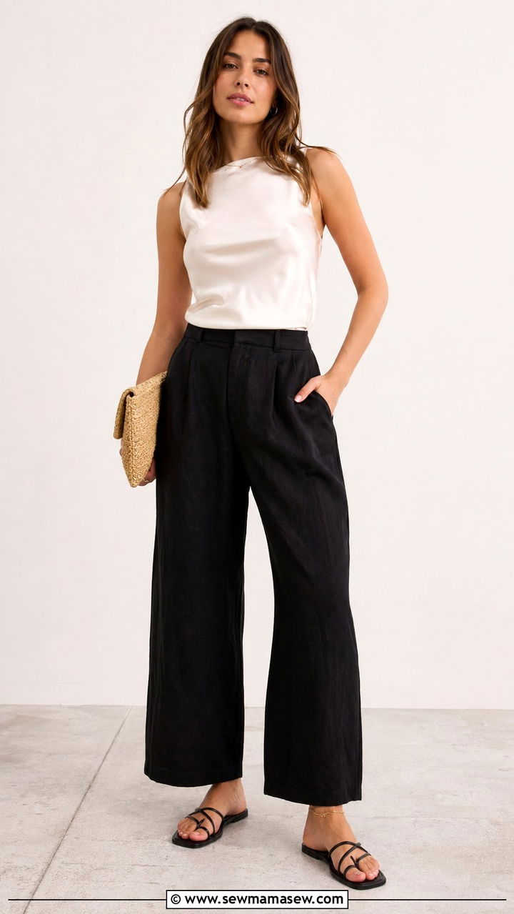 Black linen pants with strappy sandals - 30 Black linen pants outfit ideas
