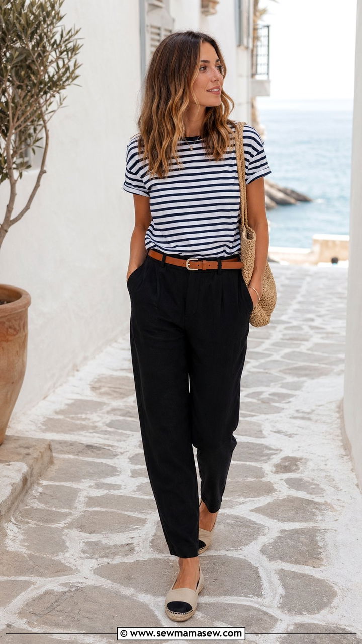 Black linen pants with striped top - 30 Black linen pants outfit ideas