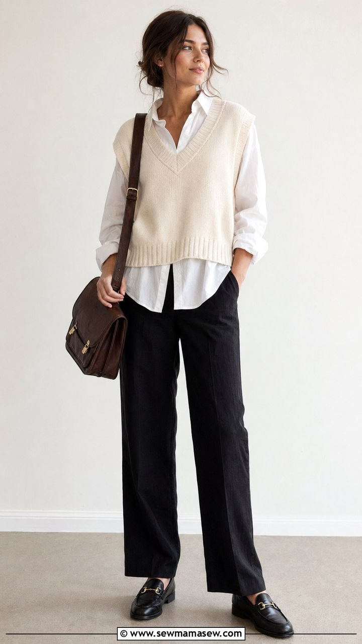 Black linen pants with sweater vest - 30 Black linen pants outfit ideas