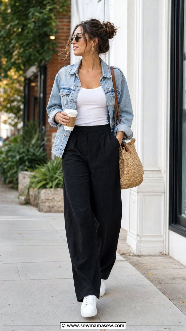 Black linen pants with tank top and denim jacket - 30 Black linen pants outfit ideas