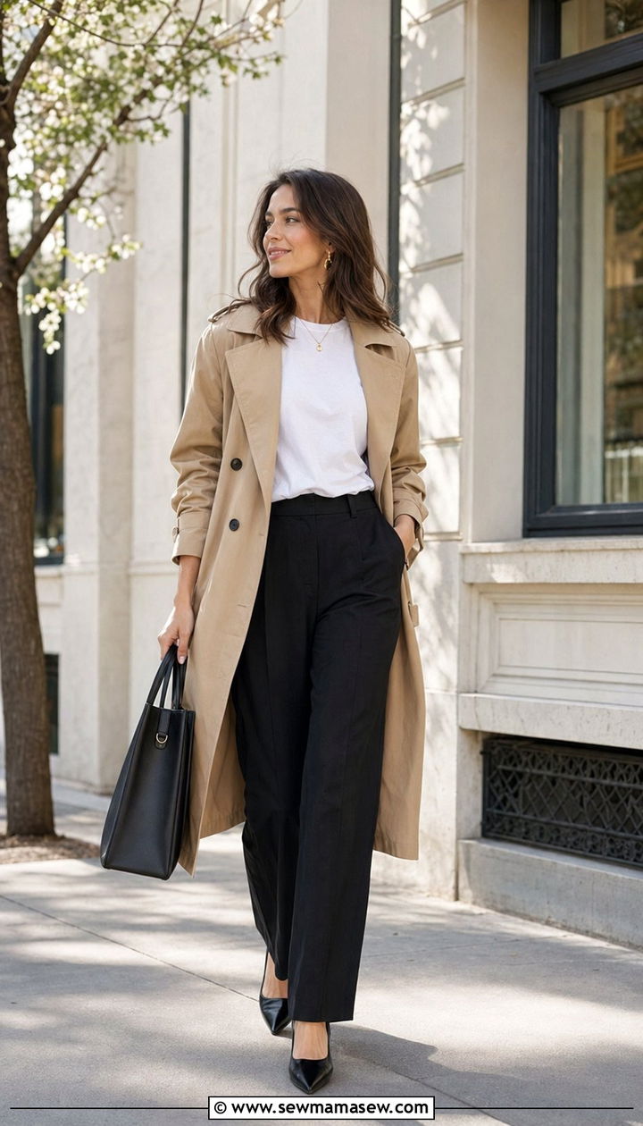 Black linen pants with trench coat - 30 Black linen pants outfit ideas
