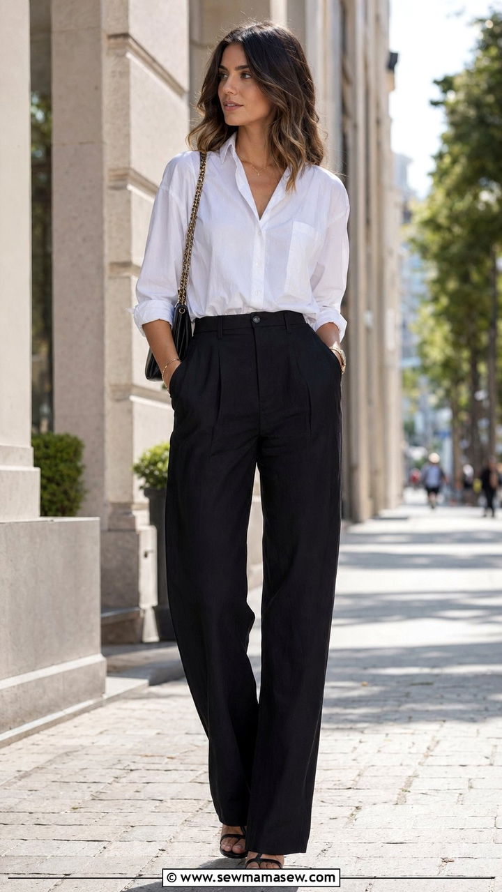 Black linen pants with white button down shirt - 30 Black linen pants outfit ideas