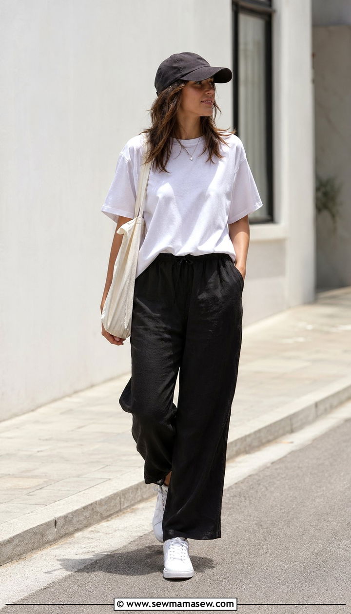 Black linen pants with white tee and sneakers - 30 Black linen pants outfit ideas