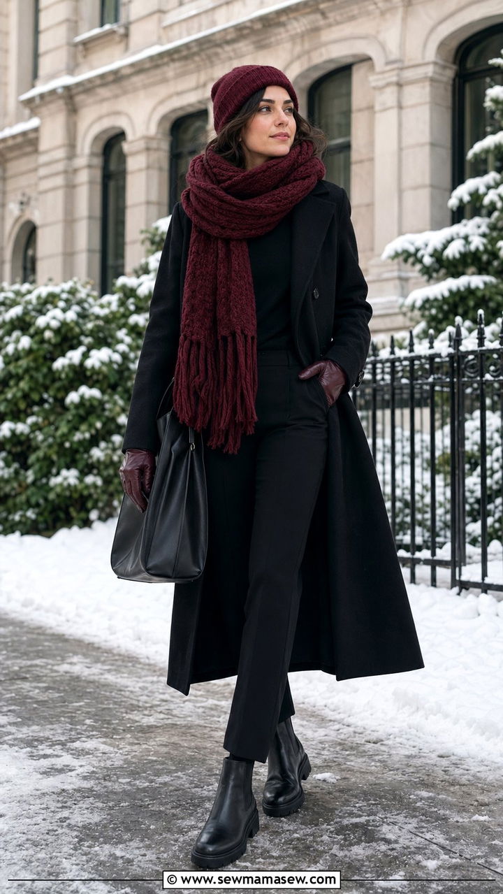 Black long coat and burgundy chunky scarf outfit - 30 Black and burgundy outfit ideas