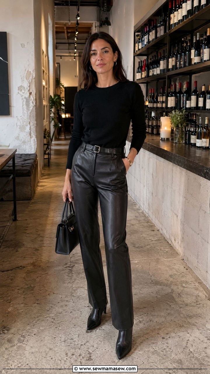 Black long sleeve with leather trousers and pointed toe boots - 40 What to wear in Berlin