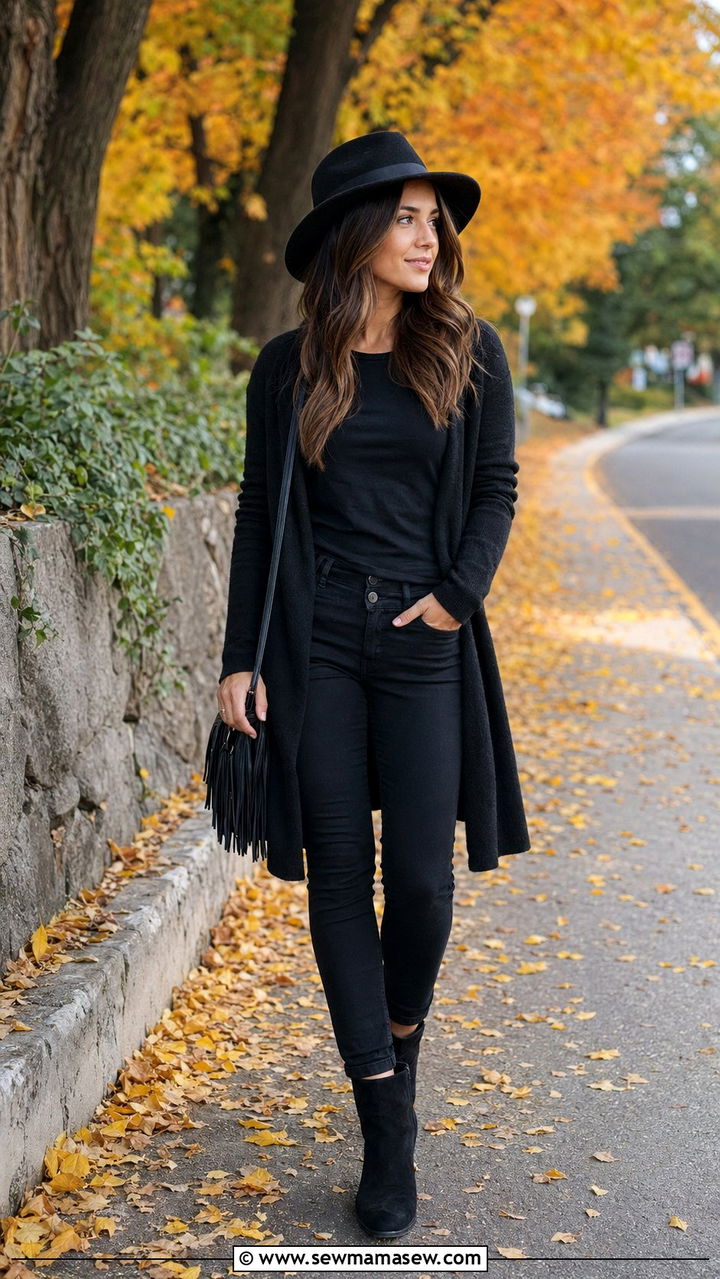 Black longline cardigan and skinny jeans travel outfit - 30 Black outfit ideas for travel