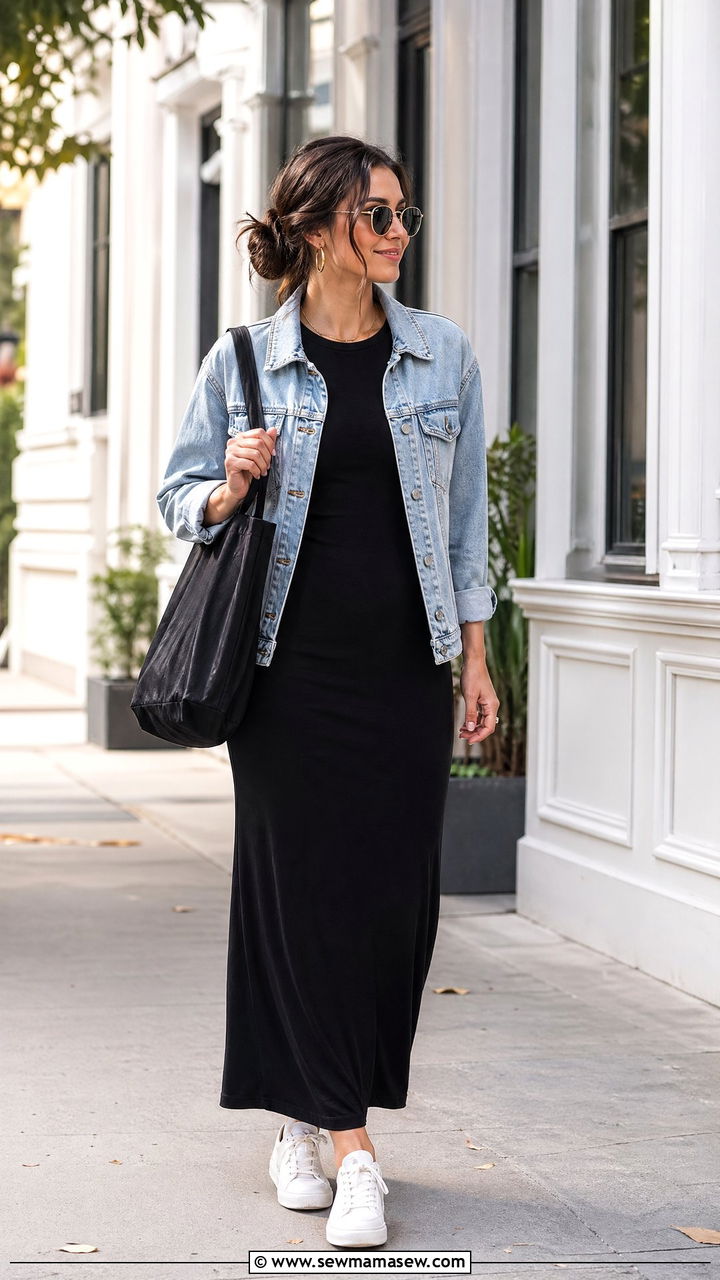Black maxi dress with a denim jacket and white sneakers - 35 chic outfit ideas for women