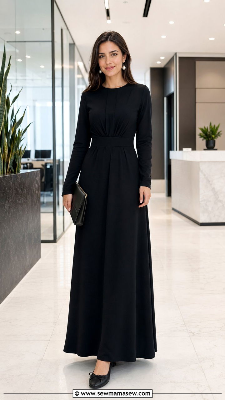 Black maxi dress with ballerinas and a clutch - 35 Office dress code outfit ideas