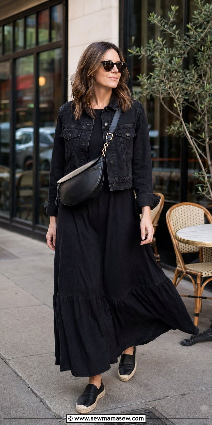 Black maxi dress with denim jacket summer city break outfit - 30 Black outfit ideas for travel