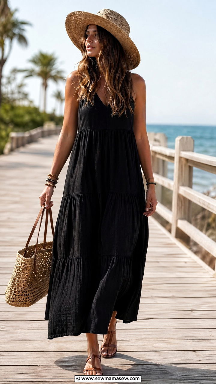 Black maxi dress with straw hat and flat sandals spring outfit - 35 spring black outfit ideas