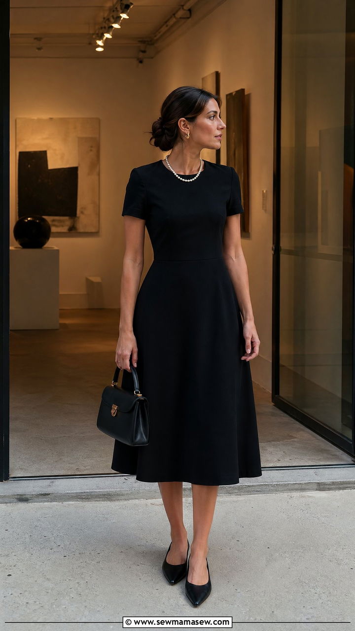 Black midi dress with pointed toe flats - 35 casual old money outfits