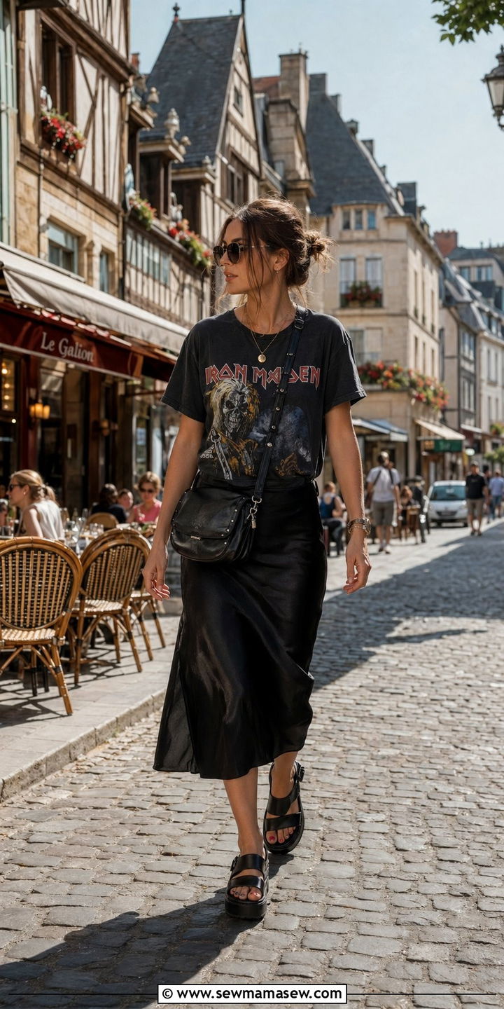 Black midi skirt and graphic tee sightseeing outfit - 30 Black outfit ideas for travel
