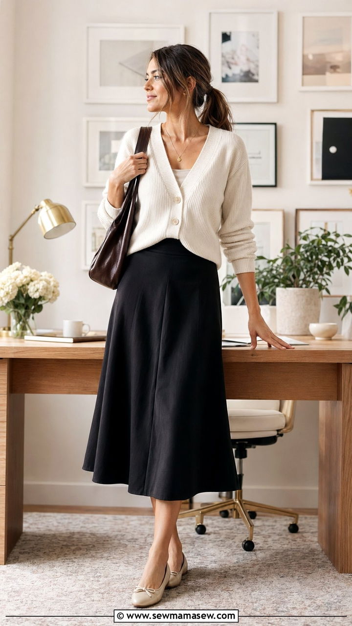 Black midi skirt with cream cardigan - 30 Accountant outfit ideas