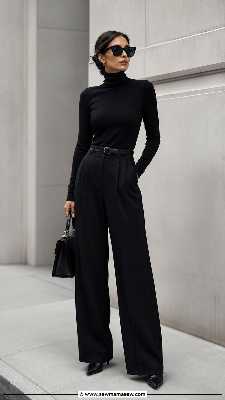 Black monochrome wide leg pants outfit - 35 wide leg pants outfits