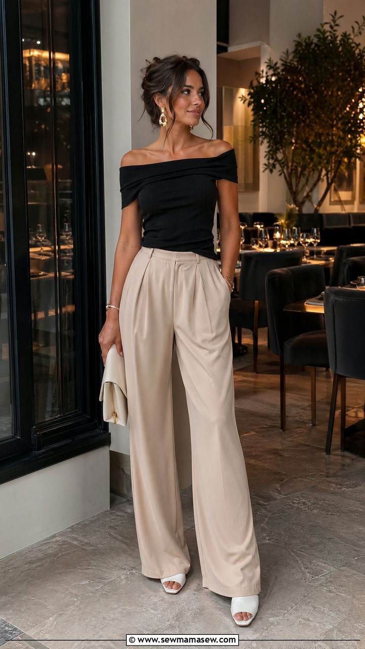 Black off shoulder top with wide leg pants - 35 Summer outfits for 30 year old woman