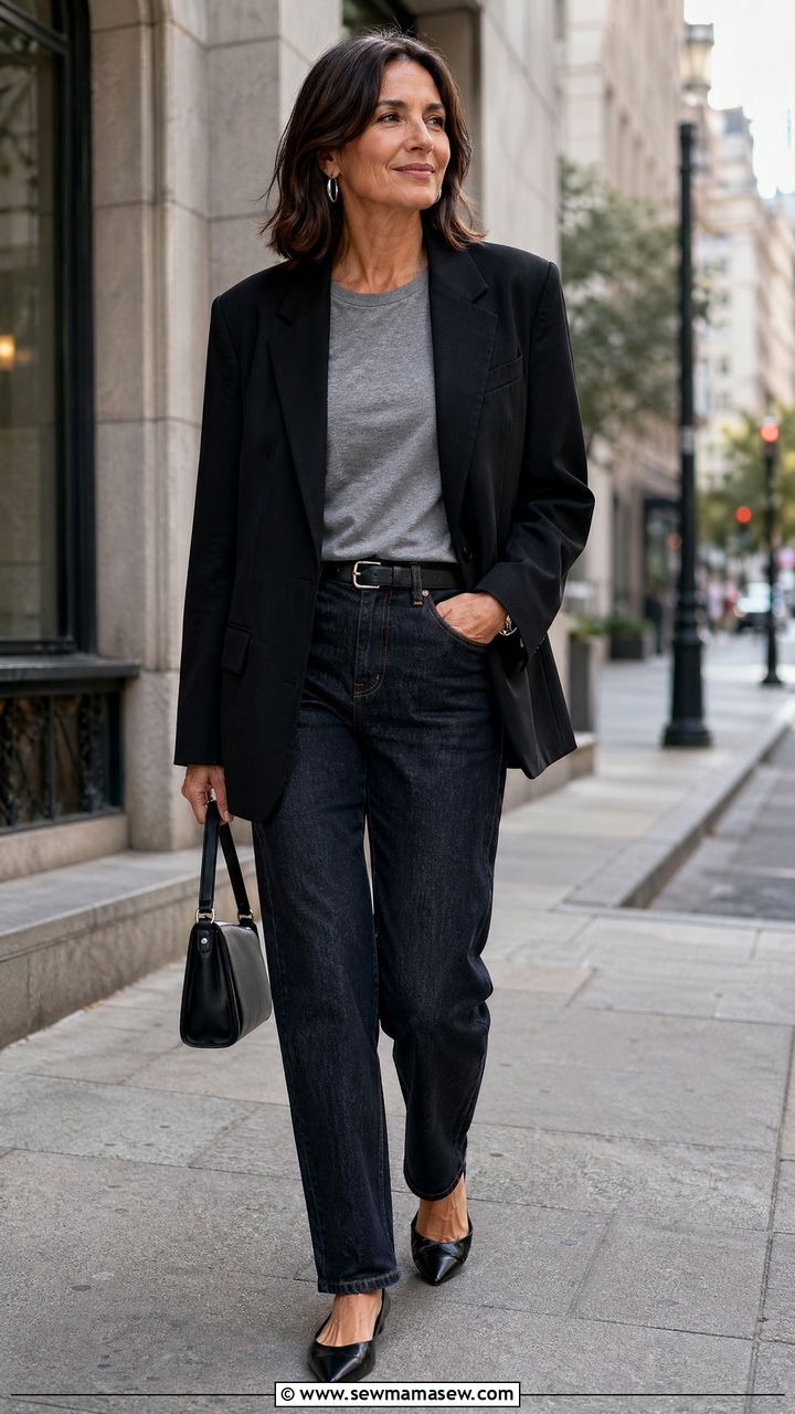 Black oversized blazer with gray tee and dark denim outfit - 35 Clean girl outfits for women over 40