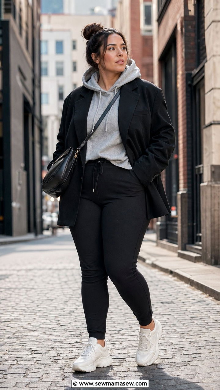 Black oversized blazer with hoodie and joggers - 30 Best blazers for curvy women
