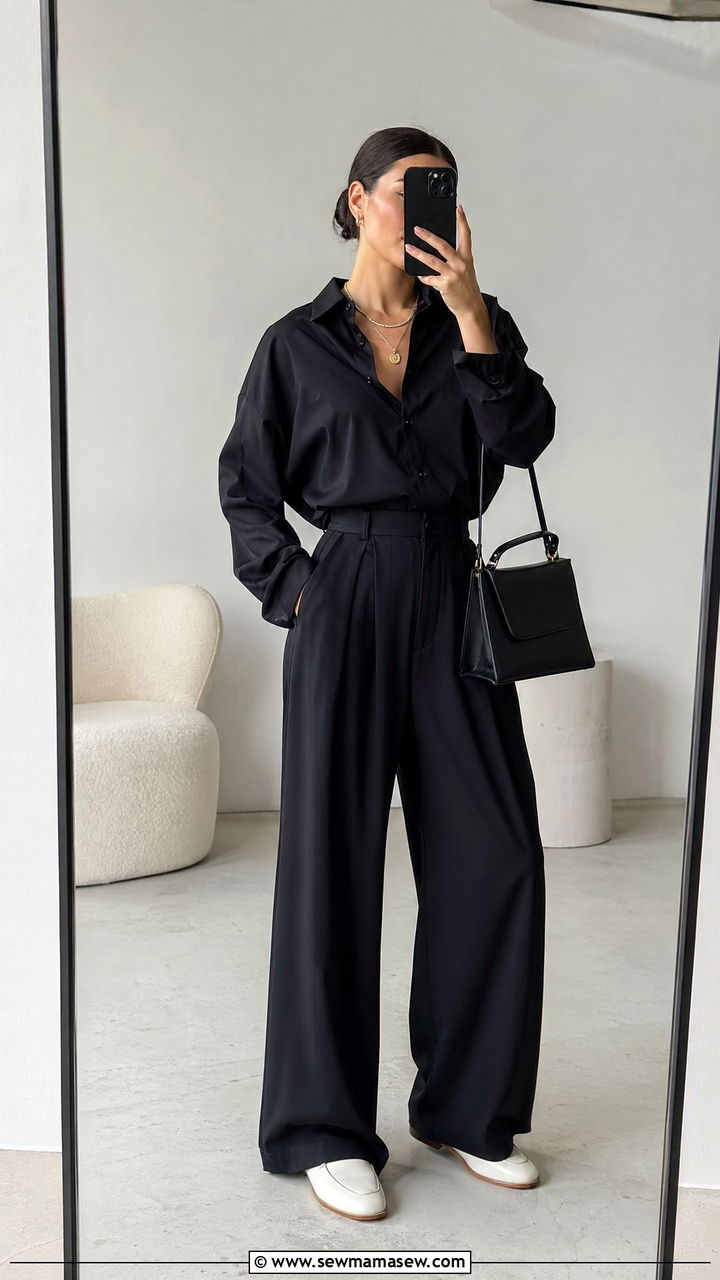 Black oversized button down shirt with wide leg trousers spring outfit - 35 spring black outfit ideas