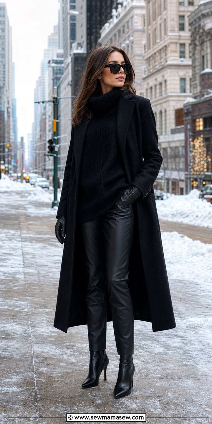 Black oversized sweater and leather pants winter travel outfit - 30 Black outfit ideas for travel