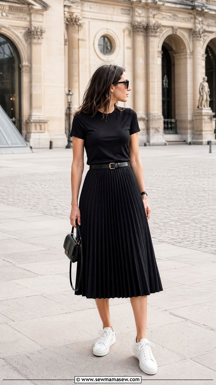 Black pleated midi skirt with fitted tee spring outfit - 35 spring black outfit ideas