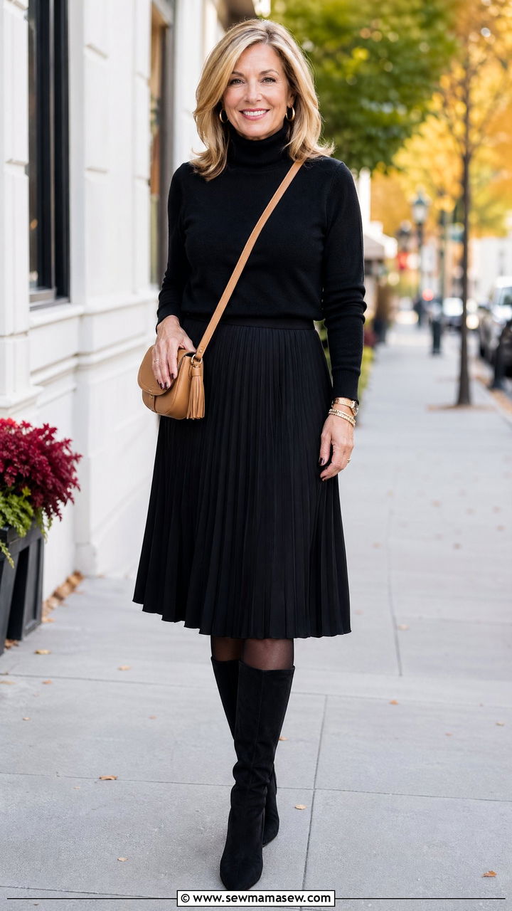 Black pleated midi skirt with turtleneck - 35 Skirt outfit ideas for women over 50