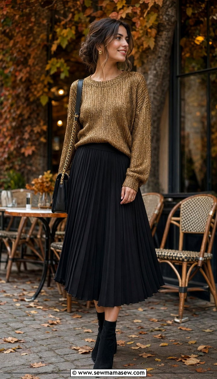 Black pleated skirt and gold knit sweater outfit - 30 Black and gold outfit ideas